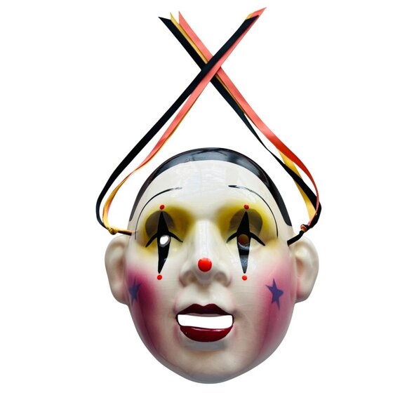 About Face Other - Vintage Clay Clown Face Mask With Ribbon Straps - Costume, Decor, Or Collectors